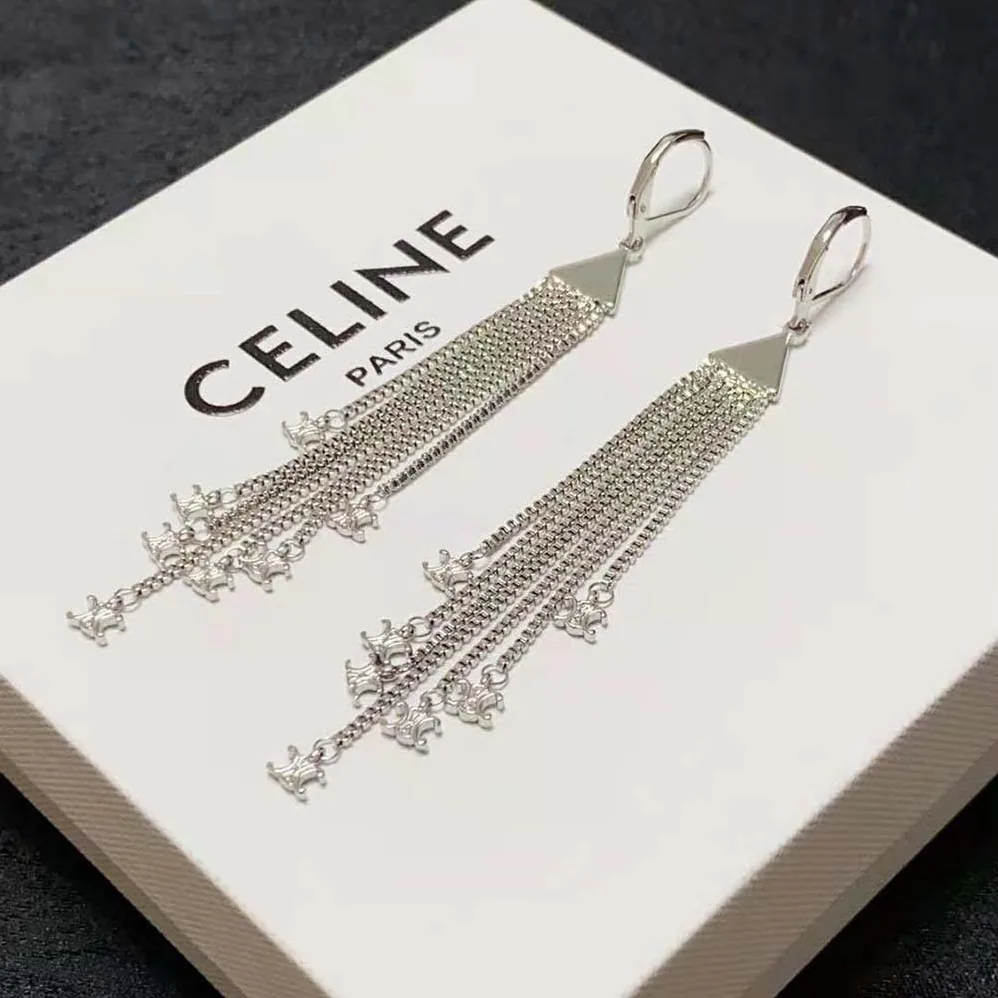 Celine Triomphe Folk Fringe Earrings in Brass with Rhodium Finish for Women Celine Triomphe Folk Fringe Earrings in Brass with Rhodium Finish for Women