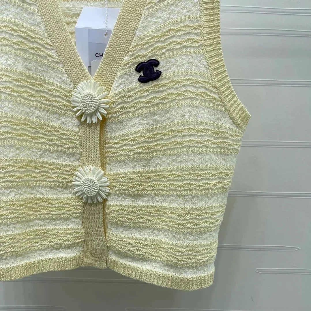 Chanel Striped Pointelle Sleeveless Top With Camellia Buttons Light Yellow