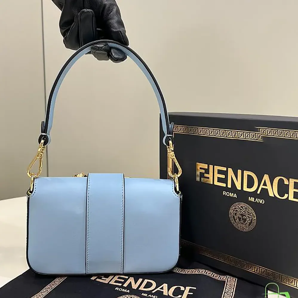 Fendi Brooch Mini Baguette Fendace Blue Leather Bag for Women Fendi Brooch Mini Baguette Fendace Blue Leather Bag for Women