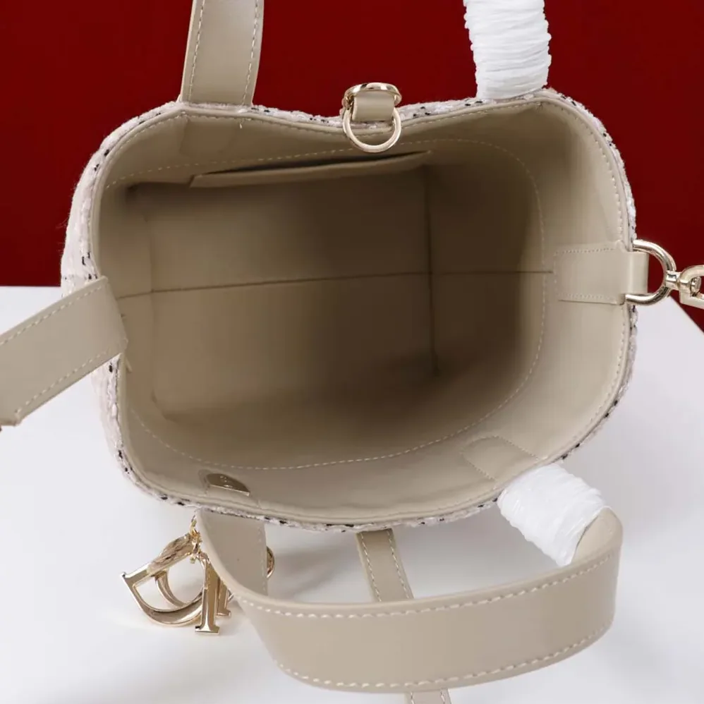 Dior Small Dior Toujours Vertical Tote Bag Beige Tweed with Black Cannage Motif for Women