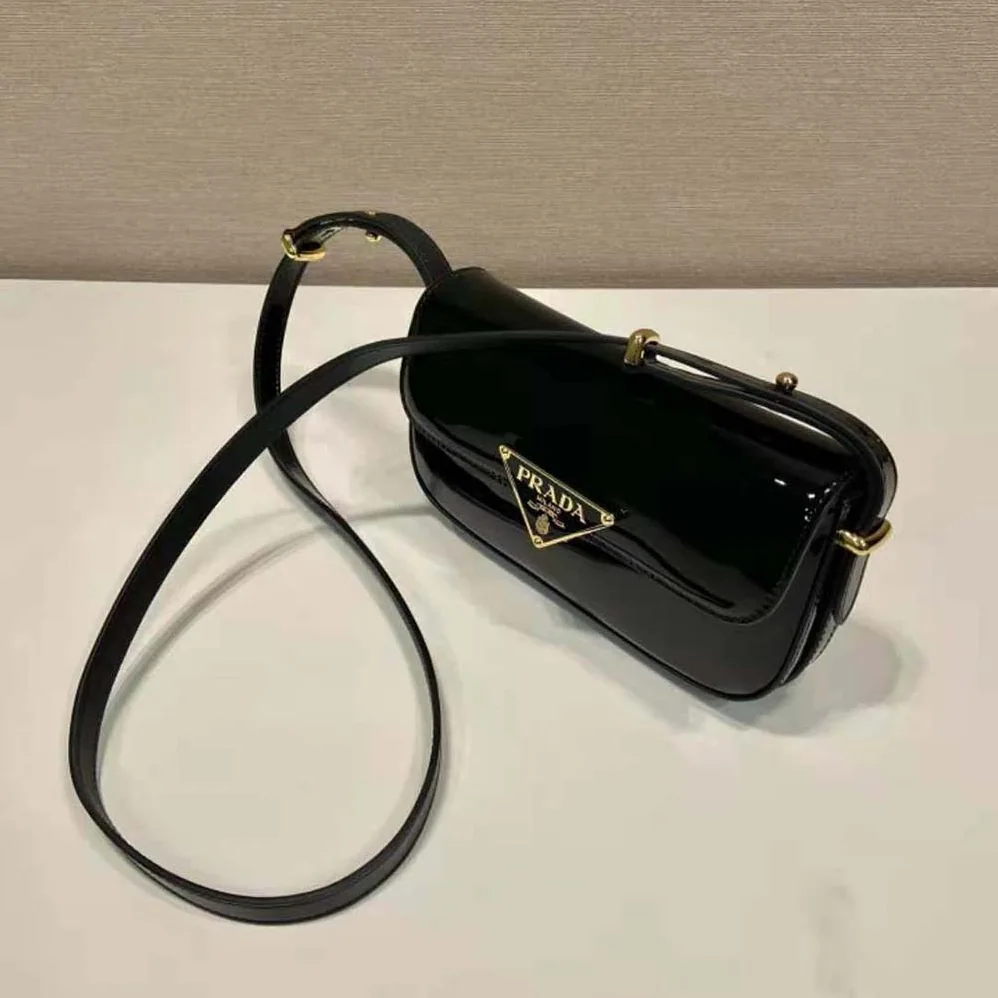 Prada Patent Leather Shoulder Bag with Flap for Women in Black