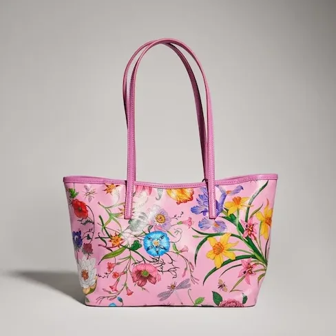 Gucci Tribeca Small Tote Bag / Pink/ Multicolor Gucci Flora Coated Canvas Palladium Hardware A0034E FAF8S 8642 Gucci Tribeca Small Tote Bag / Pink/ Multicolor Gucci Flora Coated Canvas Palladium Hardware A0034E FAF8S 8642