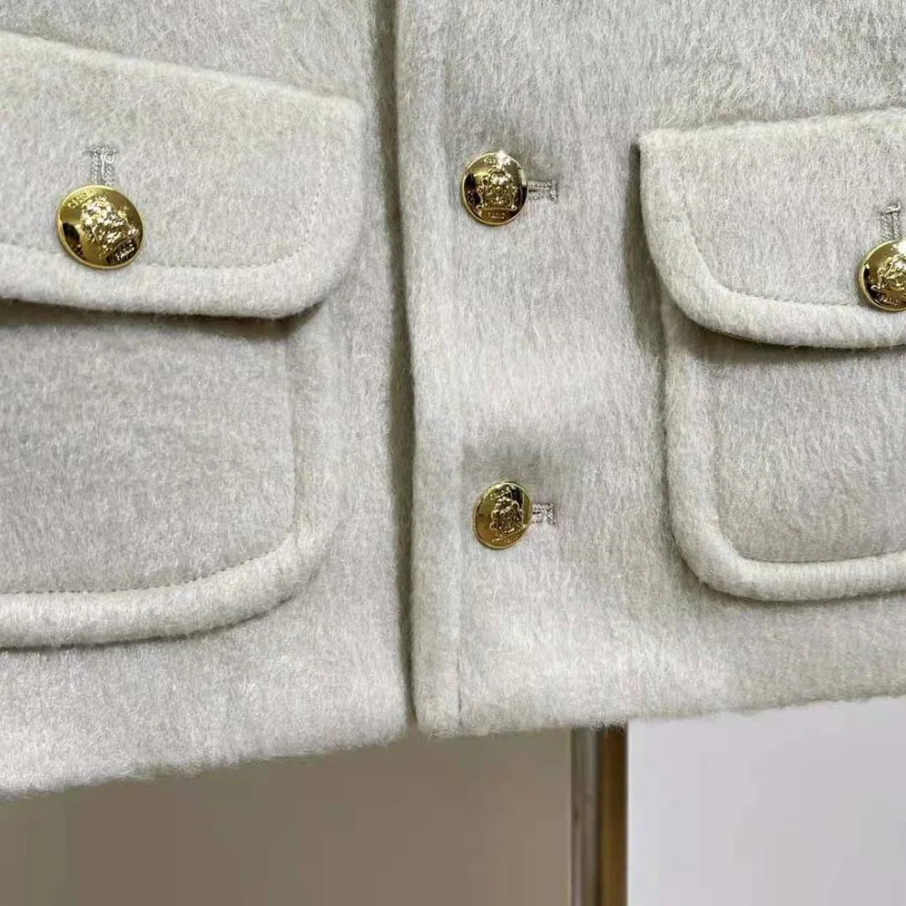 Celine Jacket with Claudine Collar in Wool Cloth for Women in Beige