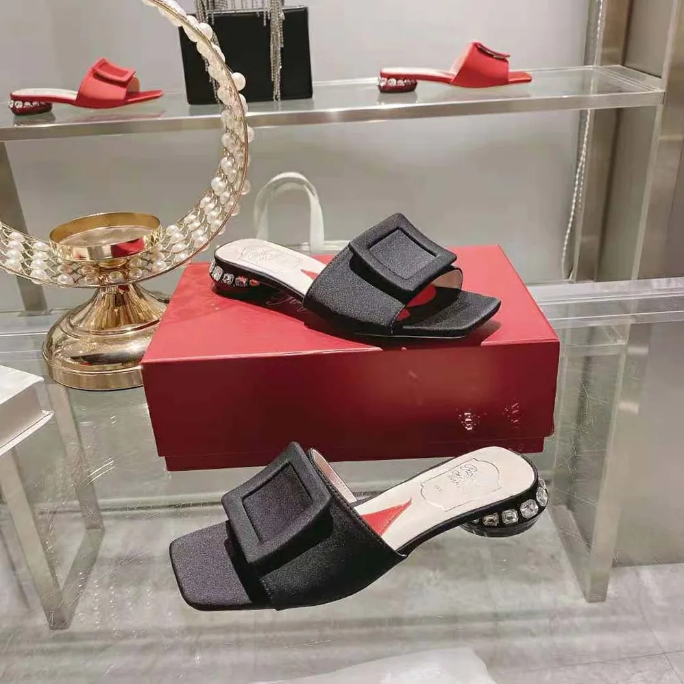Roger Vivier Strass Heel Covered Buckle Mules in Satin for Women in Black Roger Vivier Strass Heel Covered Buckle Mules in Satin for Women in Black