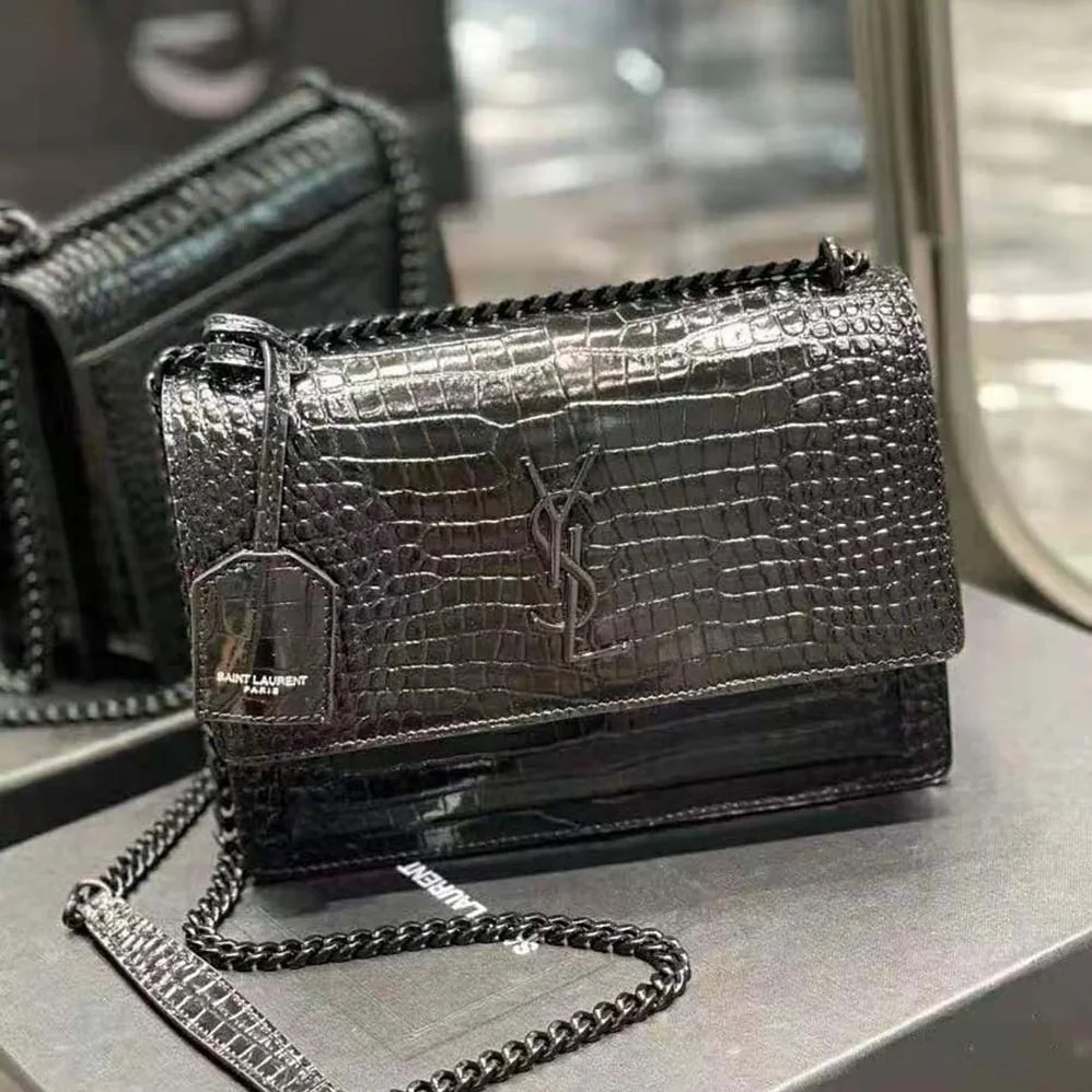 Saint Laurent YSL Sunset Medium in Crocodile Embossed Shiny Leather for Women in Black