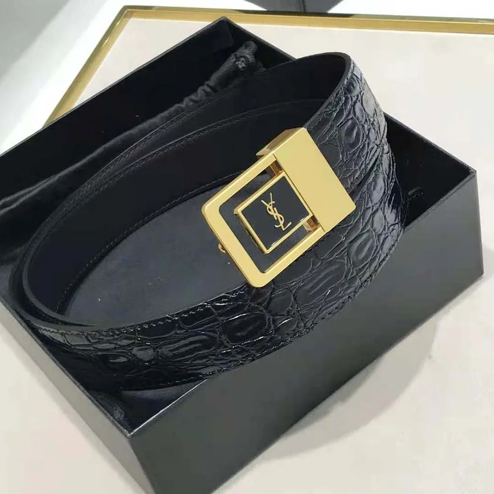 Saint Laurent YSL La 66 Buckle Belt in Crocodile-embossed Leather for Women in Black Saint Laurent YSL La 66 Buckle Belt in Crocodile-embossed Leather for Women in Black