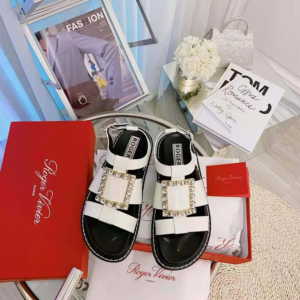 Roger Vivier Viv' Rangers Strass Buckle Sandals in Leather for Women in White