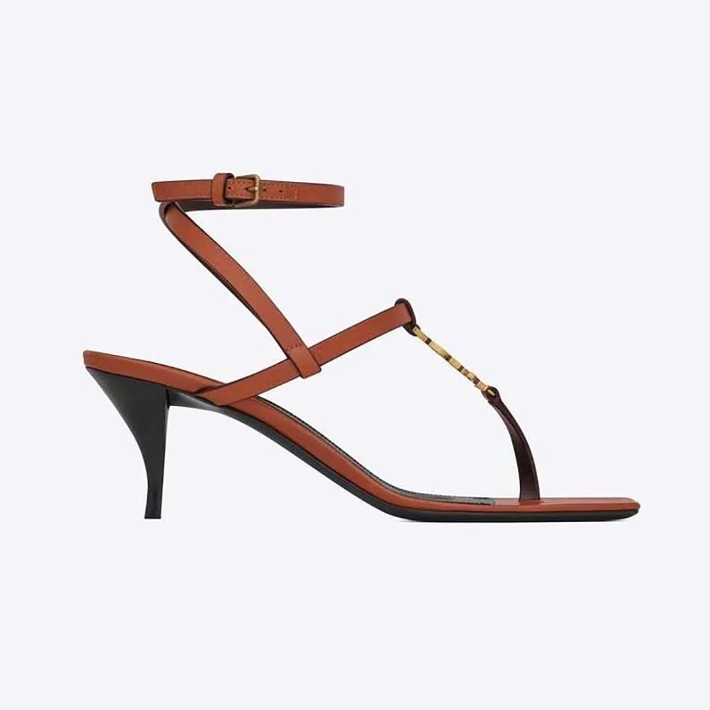 Saint Laurent YSL Cassandra Sandals in Smooth Leather for Women in Brown
