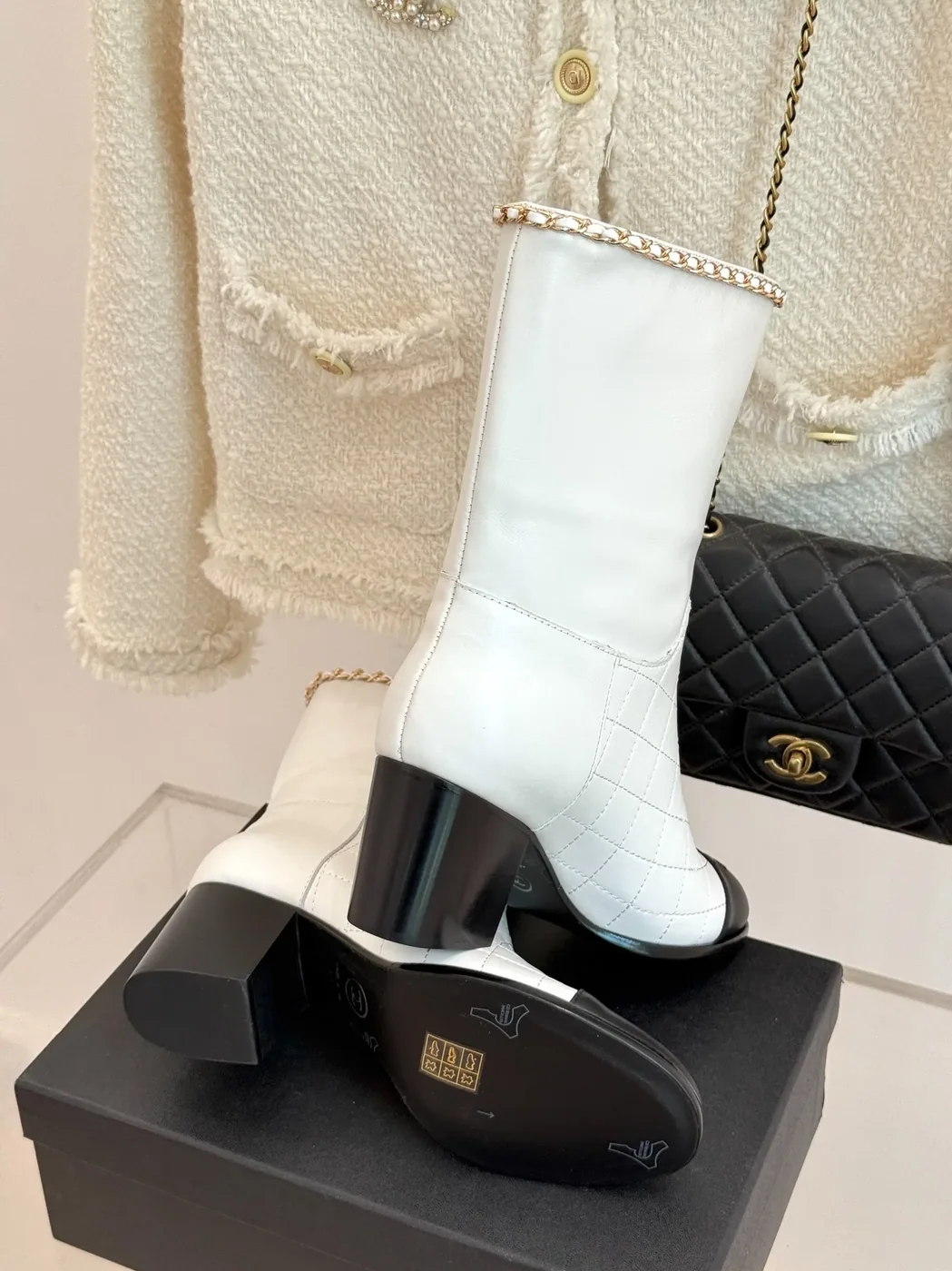 Chanel Double C Chunky Heel Boots With Chain Detail White Chanel Double C Chunky Heel Boots With Chain Detail White