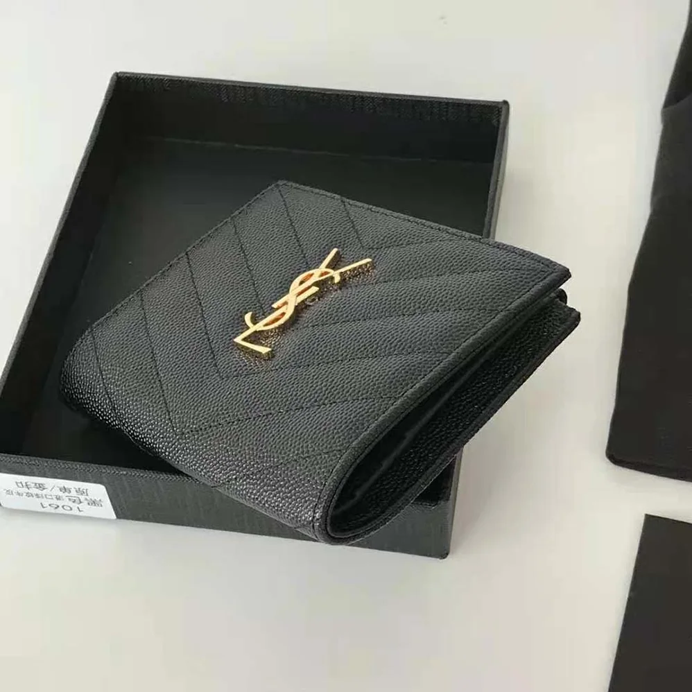 Saint Laurent YSL Monogram Zipped Card Case in Grain DE Poudre Embossed Leather for Women