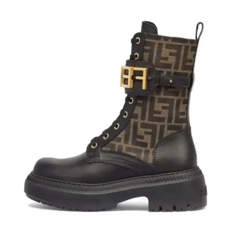 Fendi Fendigraphy Black Leather Biker Boots with Stretch Fabric for Women Fendi Fendigraphy Black Leather Biker Boots with Stretch Fabric for Women