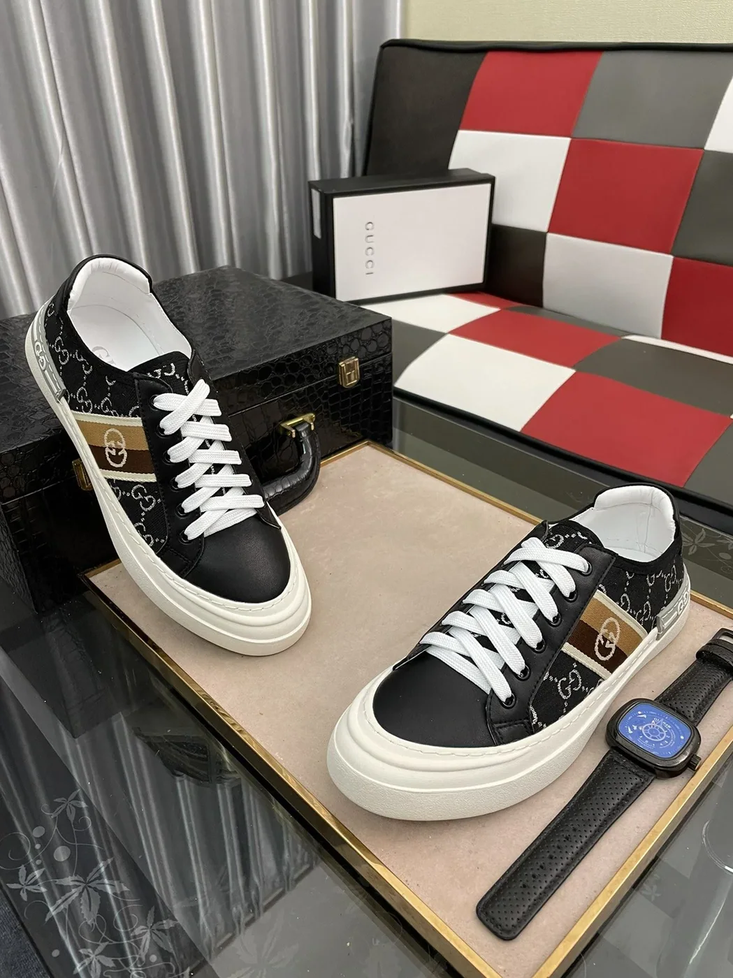 Gucci GG Embroidery Sneaker With Web Black for Men Gucci GG Embroidery Sneaker With Web Black for Men