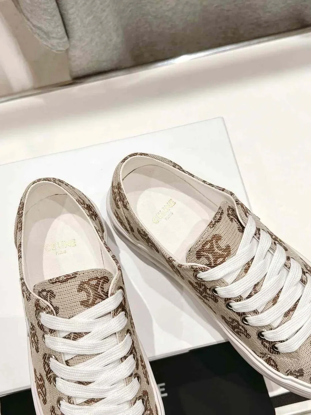 Celine Triomphe Sneakers In Canvas Beige
