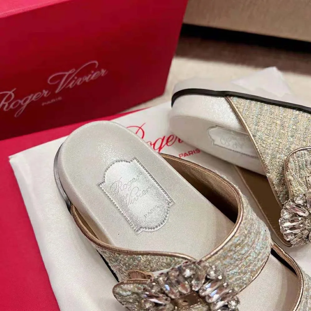 Roger Vivier Slidy Viv Strass Buckle Mules in Fabrics for Women in Silver
