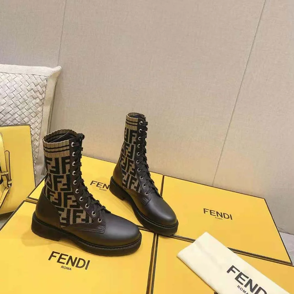 Fendi Rockoko Black/Brown Leather Biker Boots with Stretch Fabric for Women