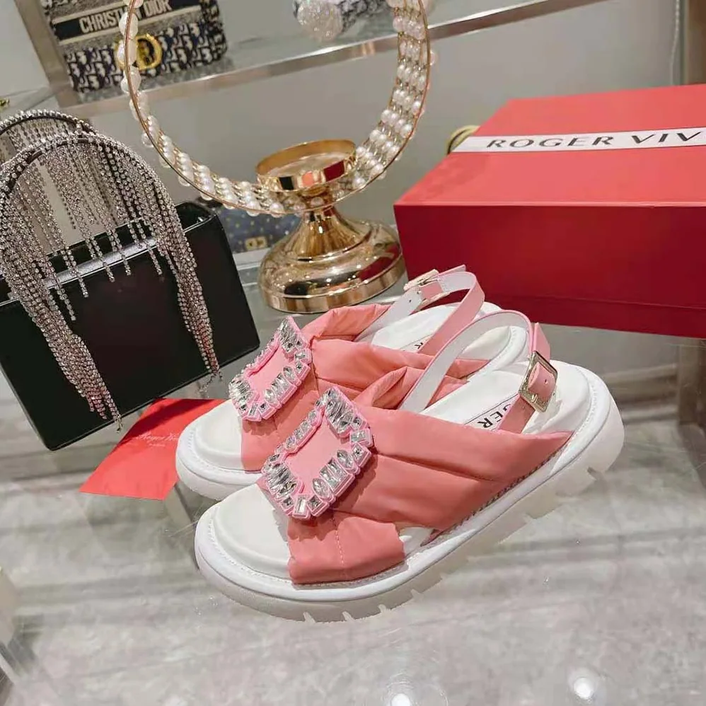 Roger Vivier Viv Winter Puffy Strass Buckle Sandals in Satin for Women in Pink