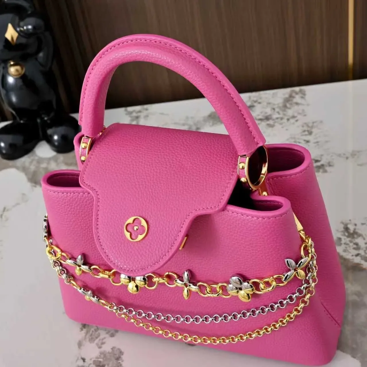 Louis Vuitton Capucines BB Top Handle Bag in Raspberry Silver/ Gold Hardware
