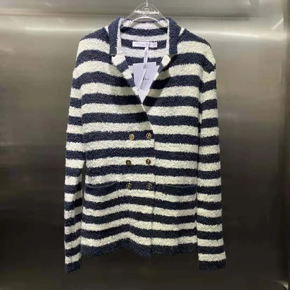 Dior Mariniere Marlene Jacket Navy Blue and Ecru Double for Women in Breasted Cotton Knit
