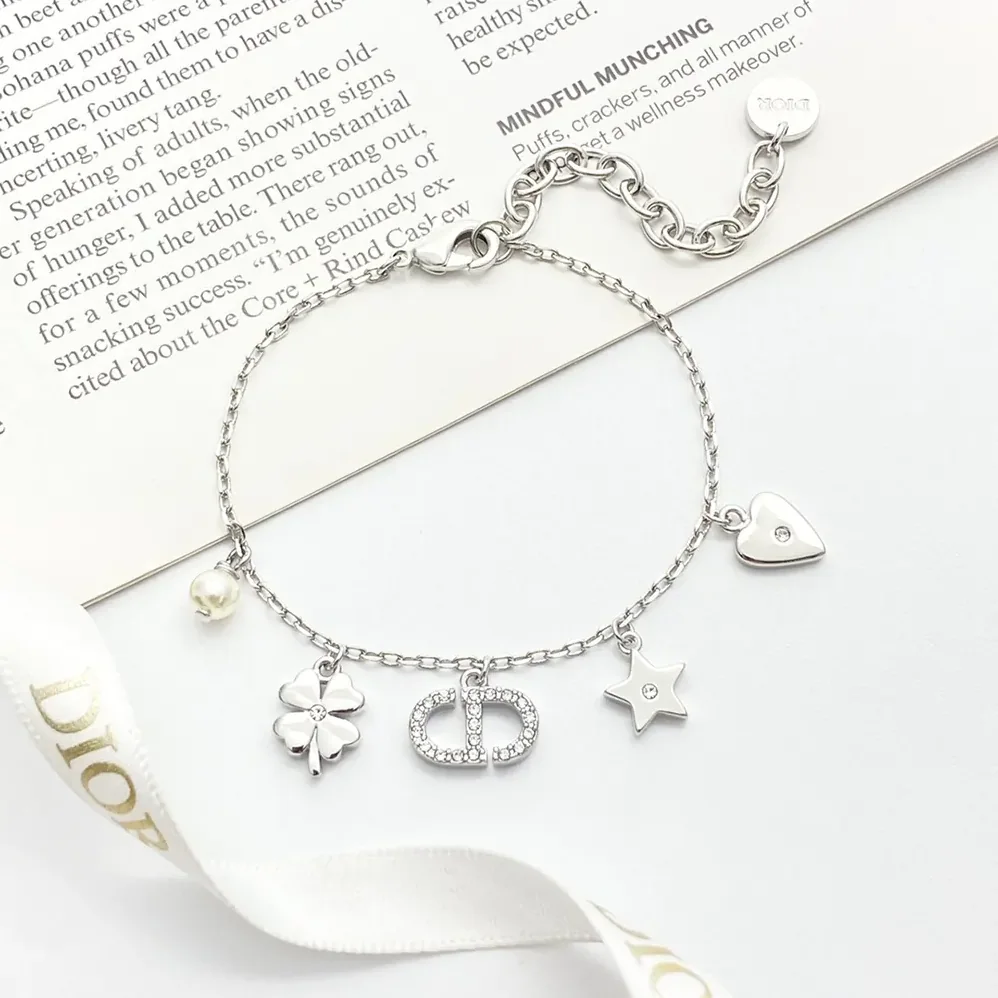Dior Petit CD Lucky Charms Bracelet Silver-Finish Metal with White Resin Pearl and Silver for Women in Tone Crystals Dior Petit CD Lucky Charms Bracelet Silver-Finish Metal with White Resin Pearl and Silver for Women in Tone Crystals