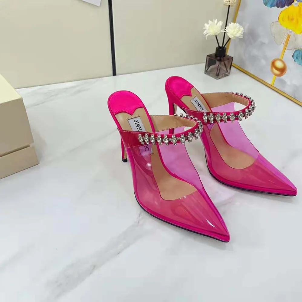 Jimmy Choo Bing 100 Hot Pink Neon Plexi Mules with Pink Crystal Strap for Women Jimmy Choo Bing 100 Hot Pink Neon Plexi Mules with Pink Crystal Strap for Women