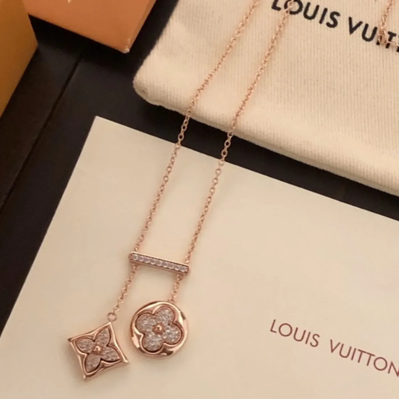 Louis Vuitton Two Blossom Necklace Pink Gold Tone