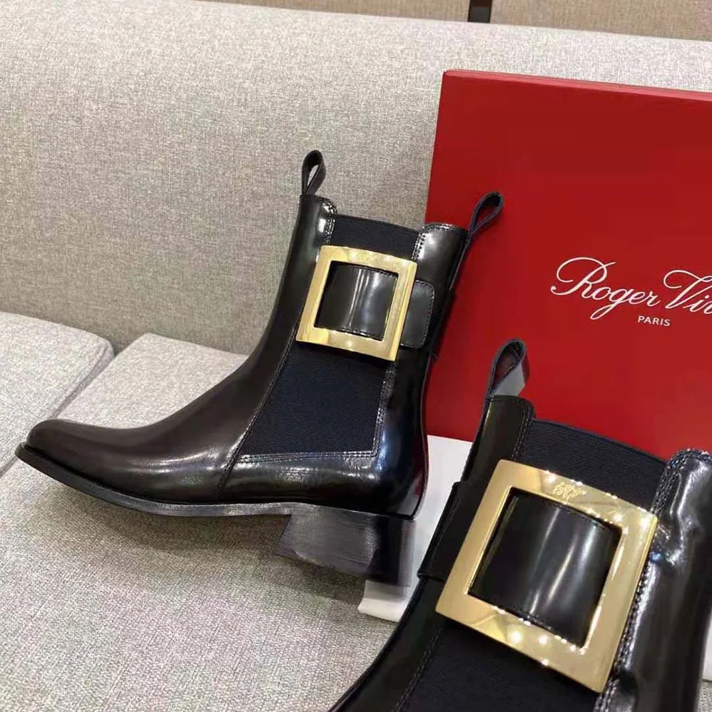 Roger Vivier Tres Vivier Metal Buckle Chelsea Booties in Leather for Women