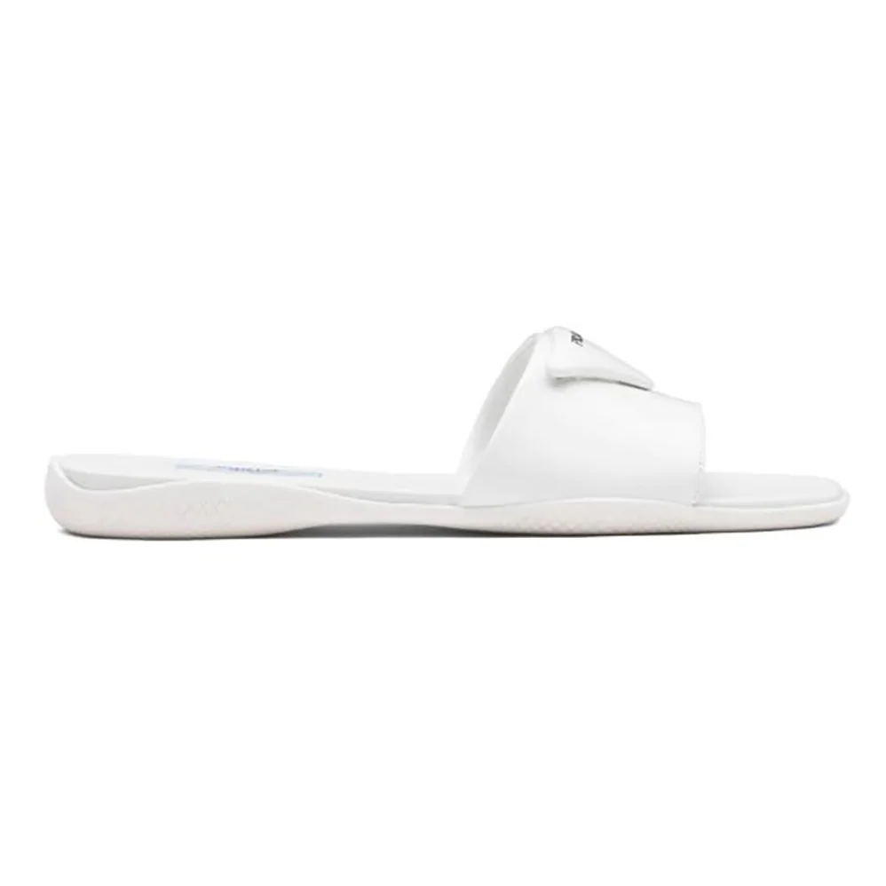 Prada Brushed Leather Slides Triangle Logo for Women in White Prada Brushed Leather Slides Triangle Logo for Women in White
