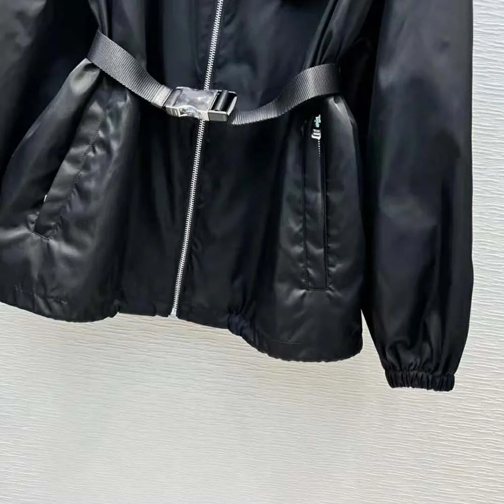 Prada Re-Nylon Hooded Blouson Jacket with Pouch for Women in Black Prada Re-Nylon Hooded Blouson Jacket with Pouch for Women in Black