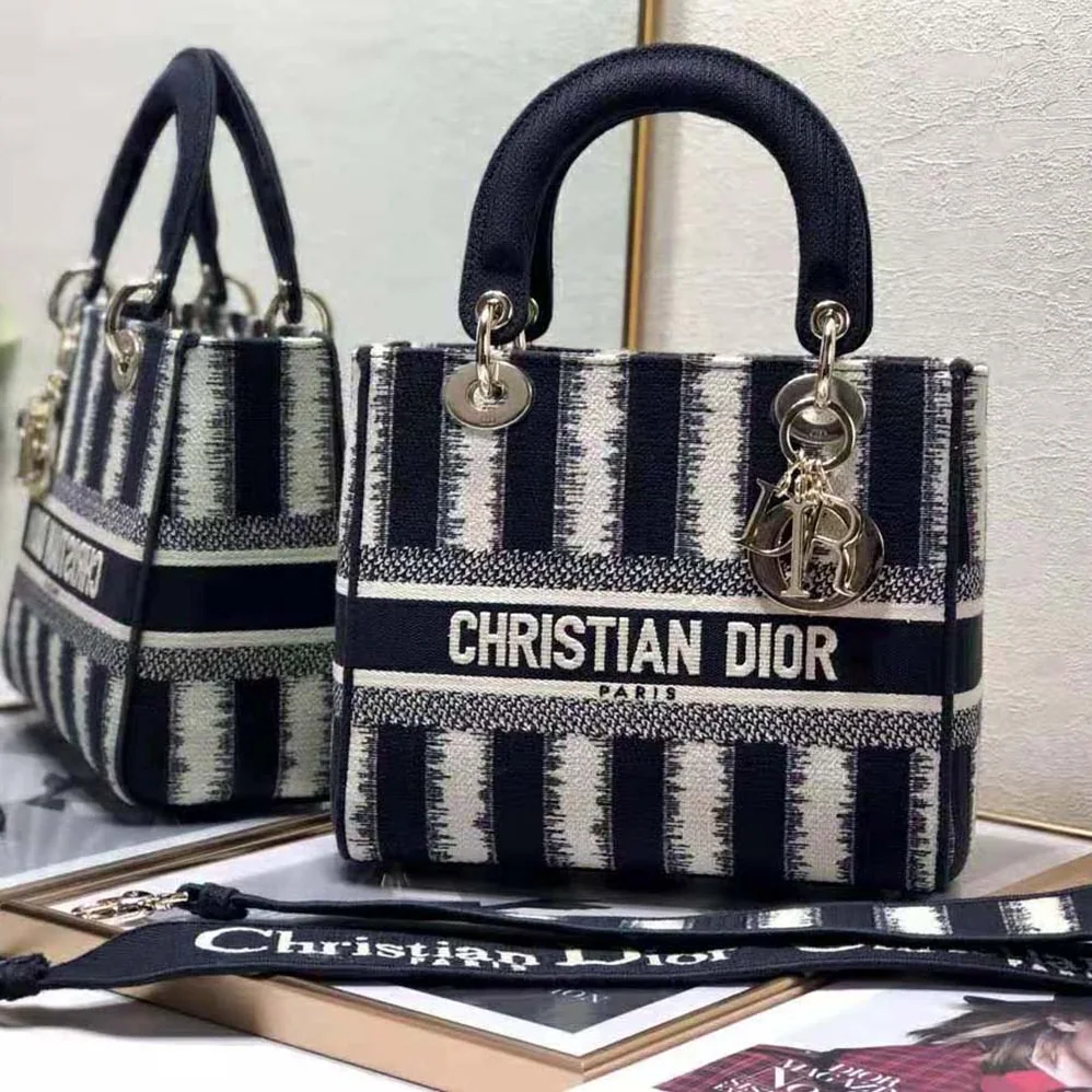 Dior Medium Lady D-lite Bag Blue D for Women in Stripes Embroidery