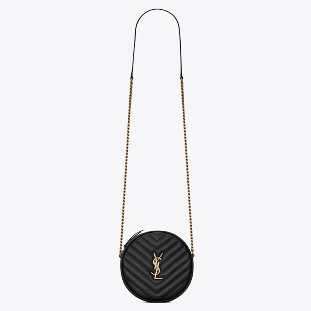 Saint Laurent YSL Vinyle Round Camera Bag in Chevron-Quilted Grain de Poudre Embossed Leather for Women in Black Saint Laurent YSL Vinyle Round Camera Bag in Chevron-Quilted Grain de Poudre Embossed Leather for Women in Black