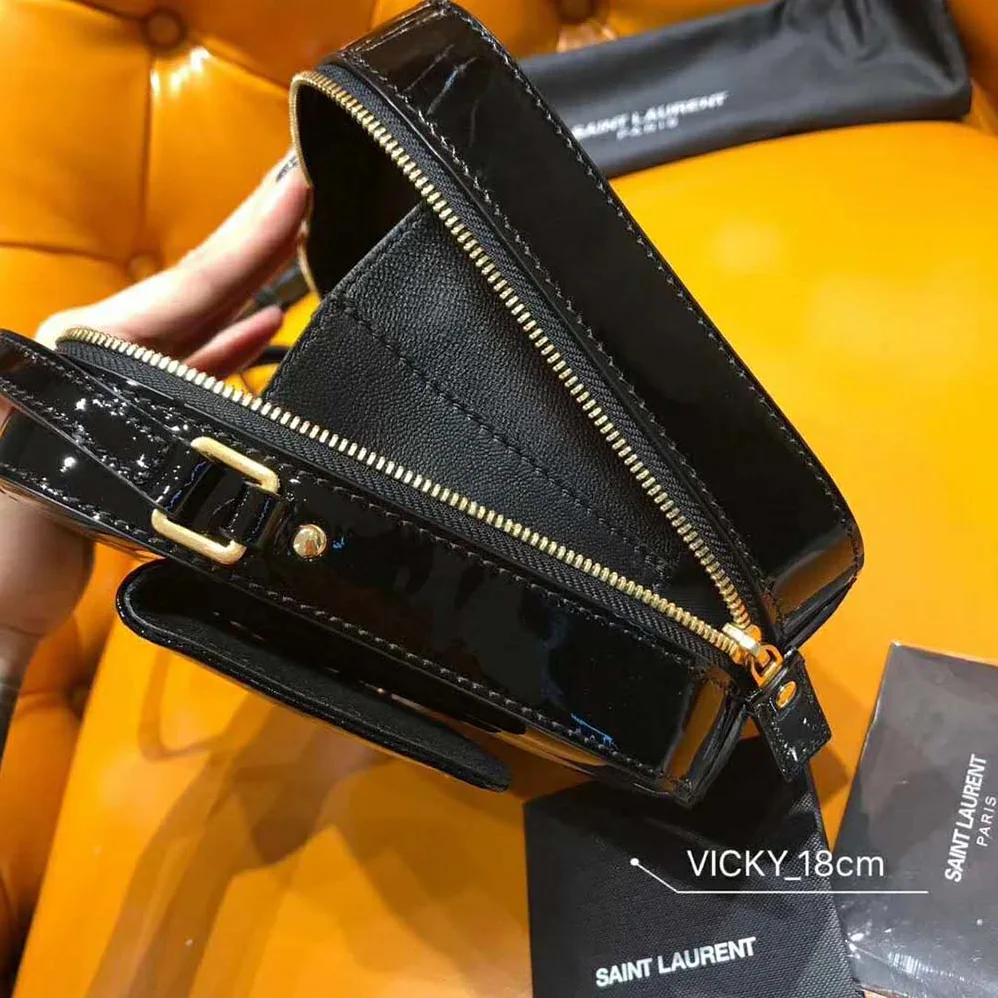 Saint Laurent YSL Vicky Camera Bag Quilted Patent for Women in Black