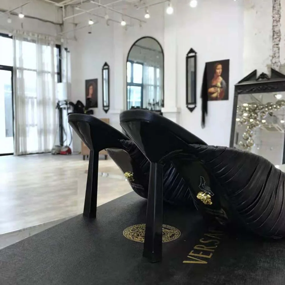 Versace Plisse Nappa Leather Mules in 11cm Heel for Women in Black Versace Plisse Nappa Leather Mules in 11cm Heel for Women in Black