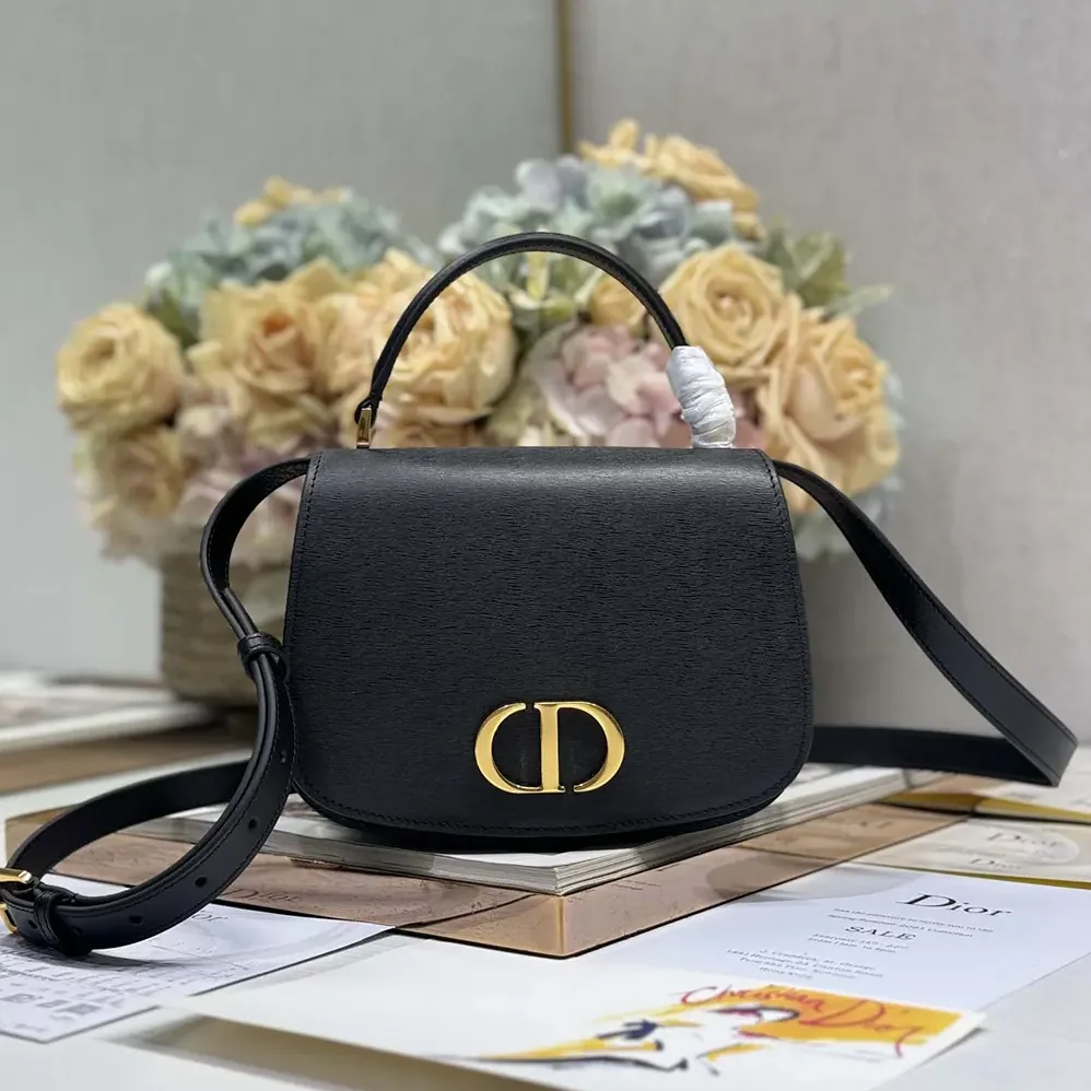 Dior Medium 30 Montaigne Avenue Top Handle Bag Black Ribbed Calfskin for Women