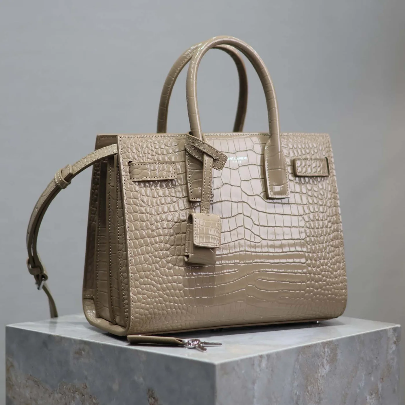Saint Laurent YSL Sac De Jour in Embossed Crocodile Leather Baby for Women in Sandy Saint Laurent YSL Sac De Jour in Embossed Crocodile Leather Baby for Women in Sandy
