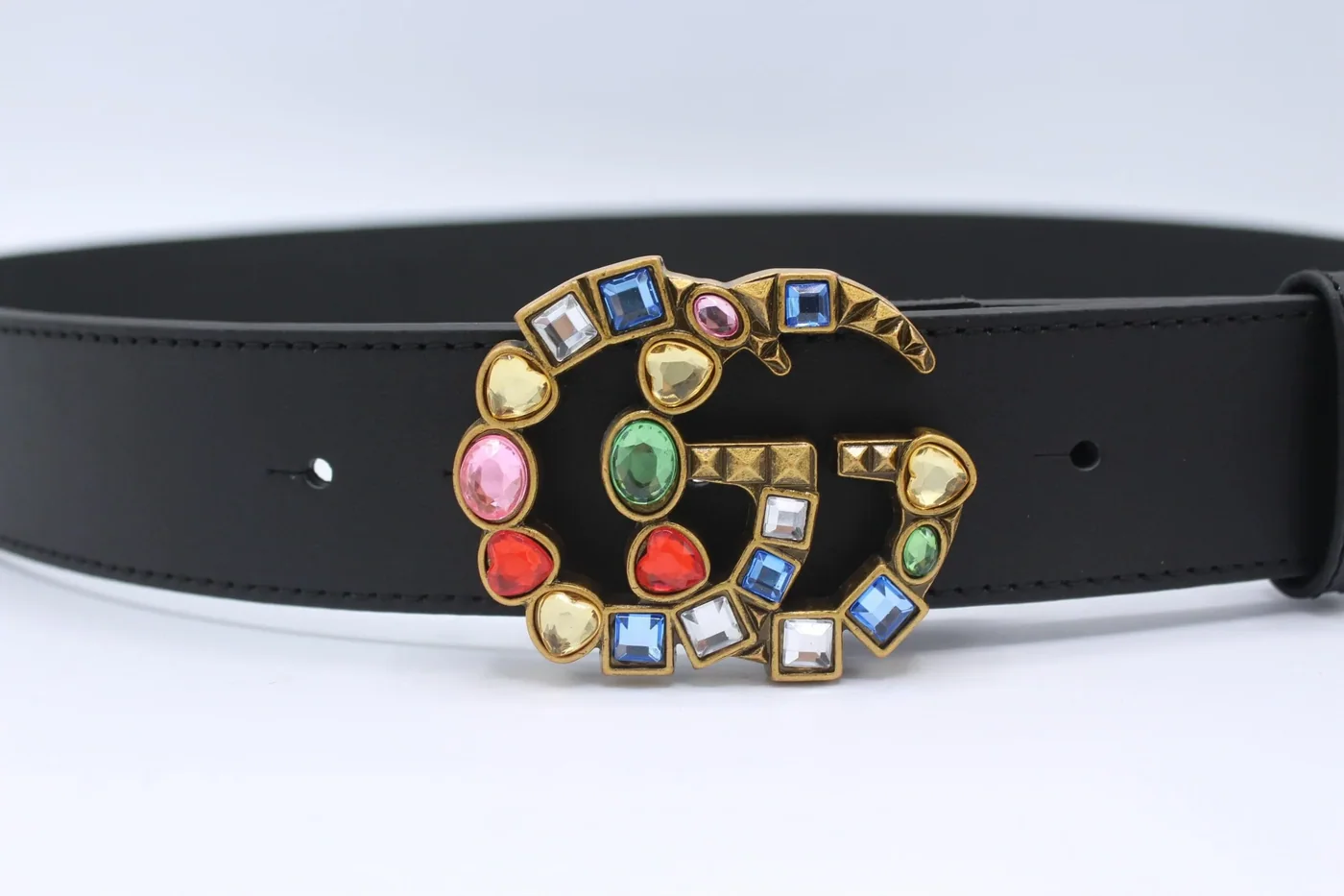 Leather belt with crystal Double G buckle