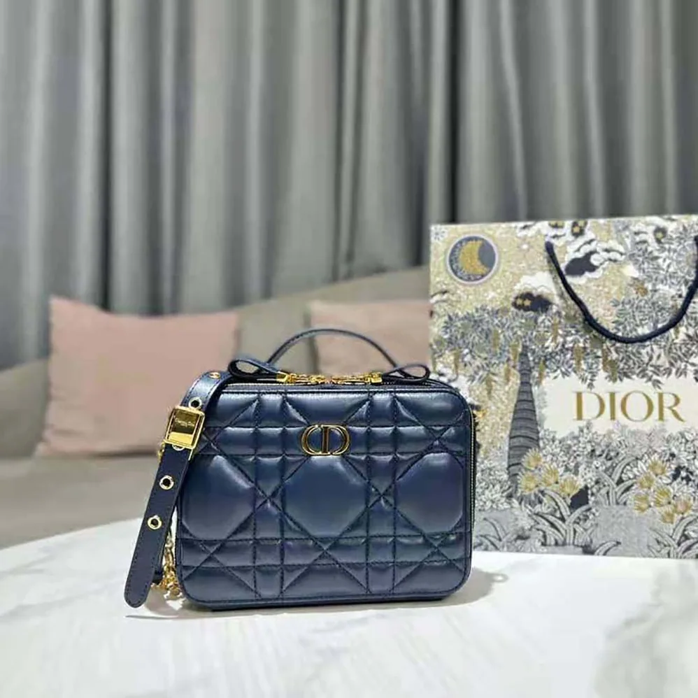 Dior Caro Box Bag with Chain Royal Blue Quilted Macrocannage Calfskin for Women