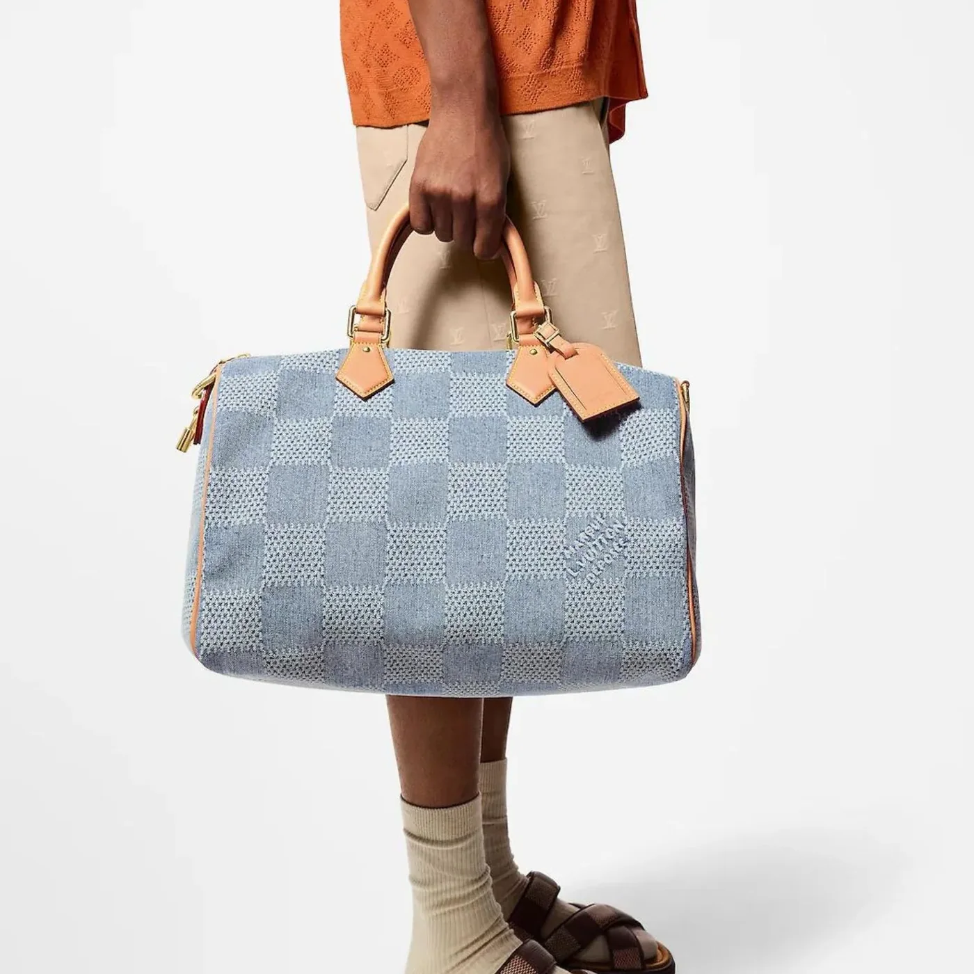 Louis Vuitton Speedy 40 Bandouliere Top Handle Bag in Blue Denim Gold Hardware