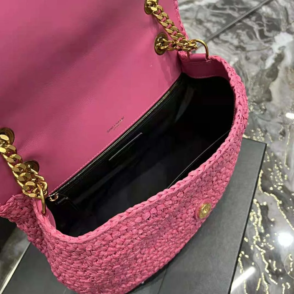 Saint Laurent YSL Niki Medium Chain Bag in Raffia and Leather for Women in Pink Saint Laurent YSL Niki Medium Chain Bag in Raffia and Leather for Women in Pink