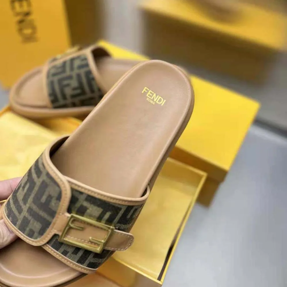 Fendi Feel Brown Fabric Slides for Women