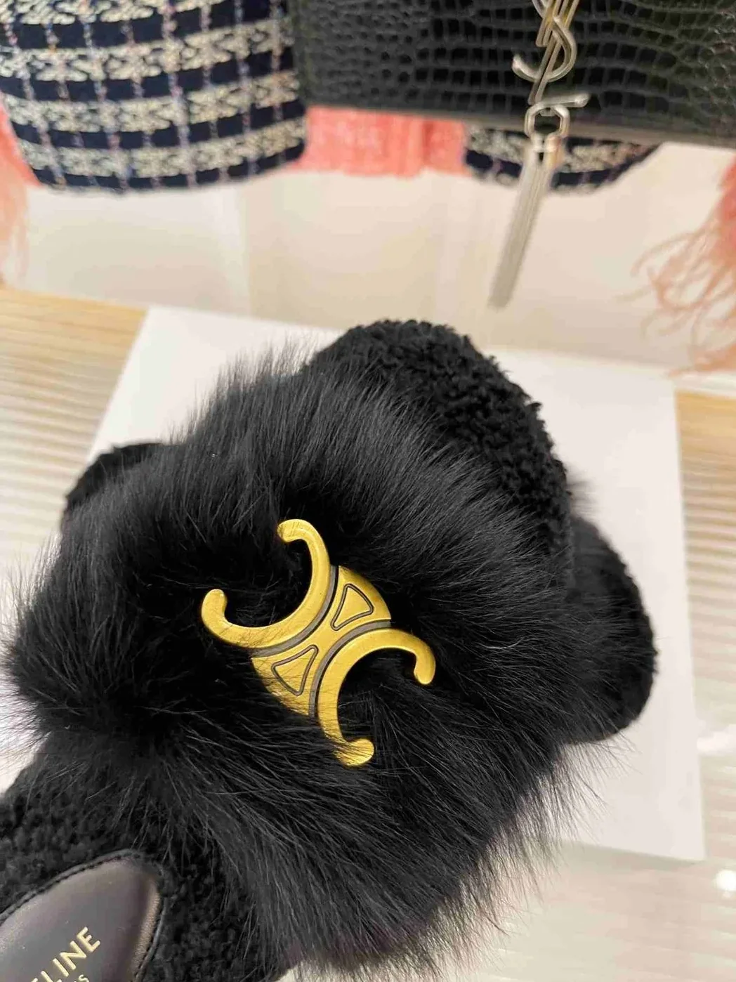 Celine Clea Triomphe Slide With Fur Black Celine Clea Triomphe Slide With Fur Black