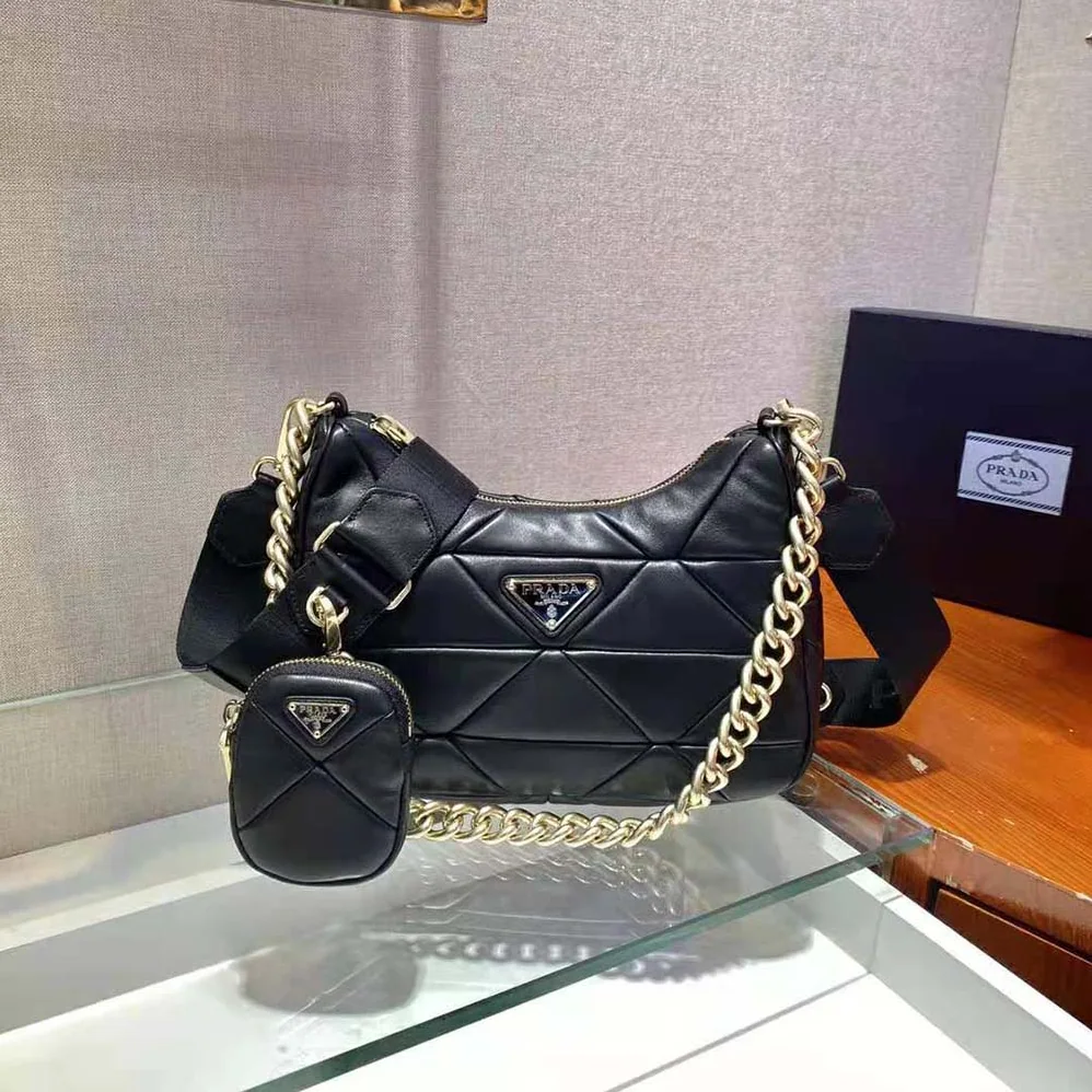 Prada System Nappa Leather Patchwork Shoulder Bag for Women in Black Prada System Nappa Leather Patchwork Shoulder Bag for Women in Black