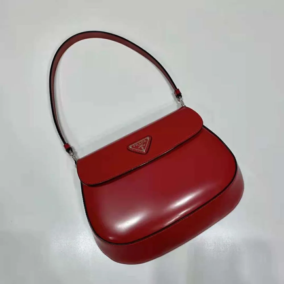 Prada Cleo Brushed Leather Shoulder Bag with Flap for Women in Red