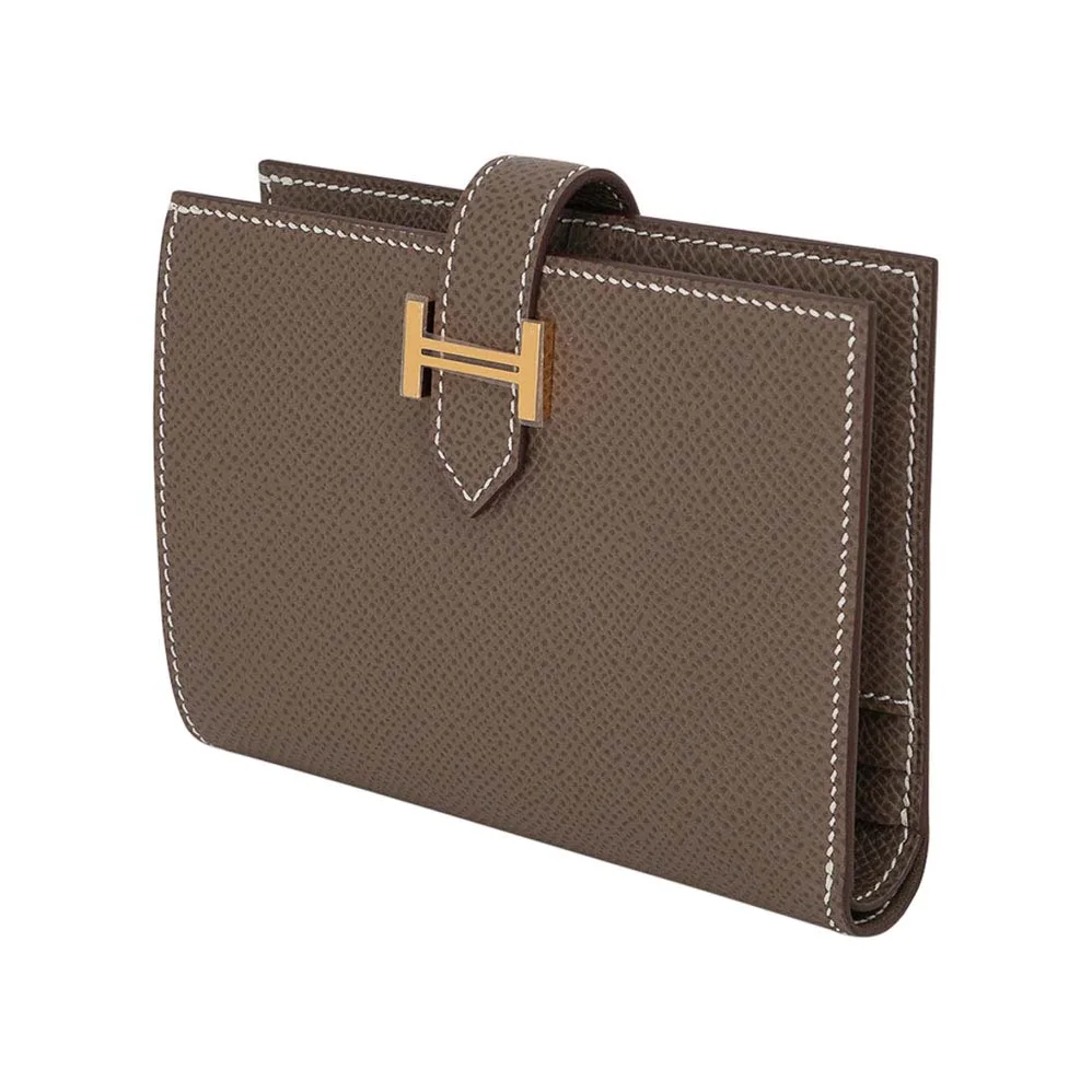 Hermes Bearn Compact Wallet Etoupe Gold Hardware Epsom Leather for Men