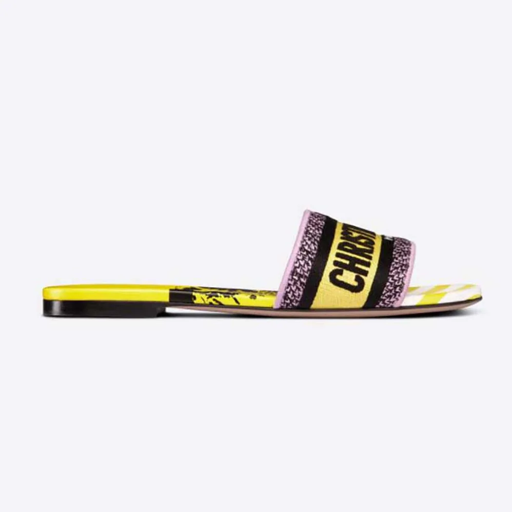 Dior Dway Slide Bright Yellow and Pink D for Women in Jungle Pop Cotton Embroidery Dior Dway Slide Bright Yellow and Pink D for Women in Jungle Pop Cotton Embroidery