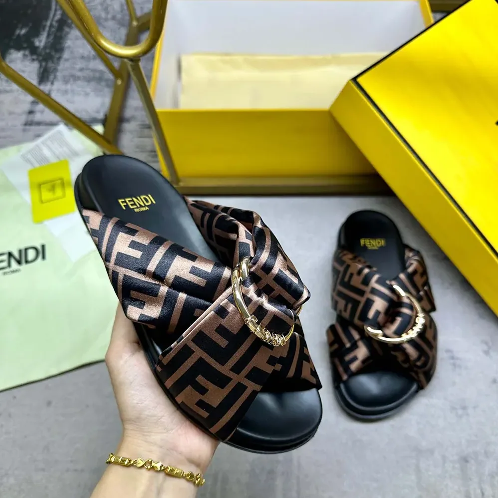 Fendi Feel Brown FF Satin Slides for Women