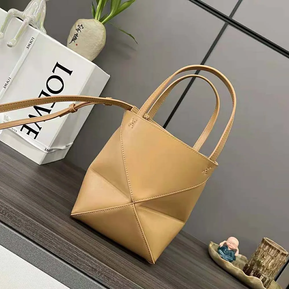Loewe Mini Puzzle Fold Tote in Shiny Calfskin for Unisex in Brown Loewe Mini Puzzle Fold Tote in Shiny Calfskin for Unisex in Brown
