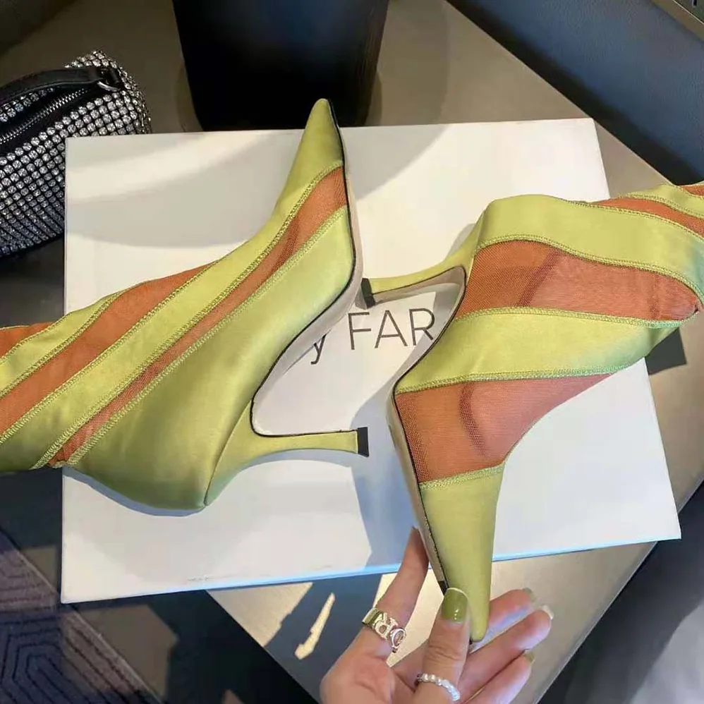 Jimmy Choo Mugler Sock Ankle Boot Neon Yellow and Nude Sheer Spiral Stretch Fabric for Women Jimmy Choo Mugler Sock Ankle Boot Neon Yellow and Nude Sheer Spiral Stretch Fabric for Women