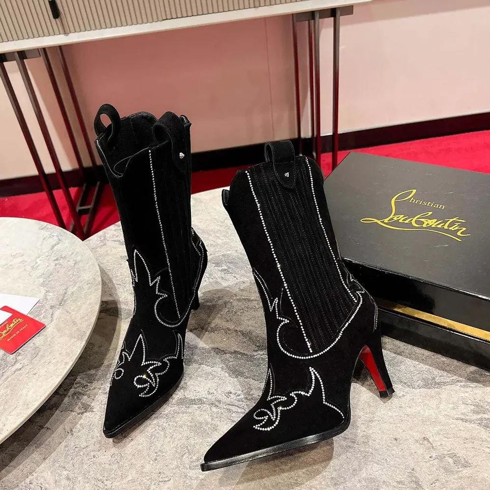 Christian Louboutin Santigag Strass 85 mm Low Boots Veau Velours and Strass for Women in Black Christian Louboutin Santigag Strass 85 mm Low Boots Veau Velours and Strass for Women in Black