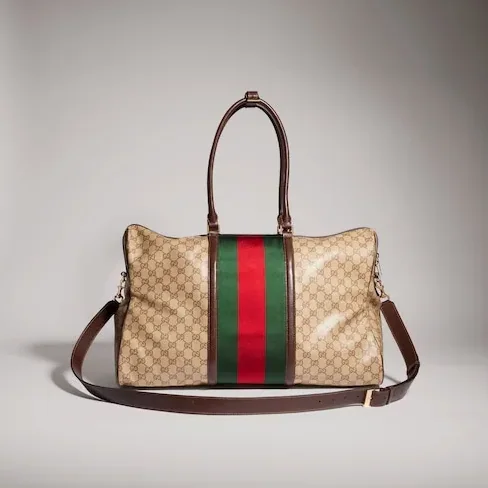 Gucci GG Medium In Web Duffle Bag / Sand/ Dark Brown Gold Hardware Gucci GG Medium In Web Duffle Bag / Sand/ Dark Brown Gold Hardware