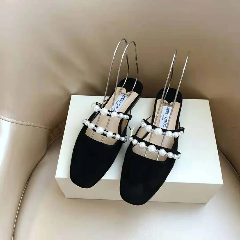 Jimmy Choo Alaina Flat Black Suede Flats with Pearl Embellishment for Women Jimmy Choo Alaina Flat Black Suede Flats with Pearl Embellishment for Women